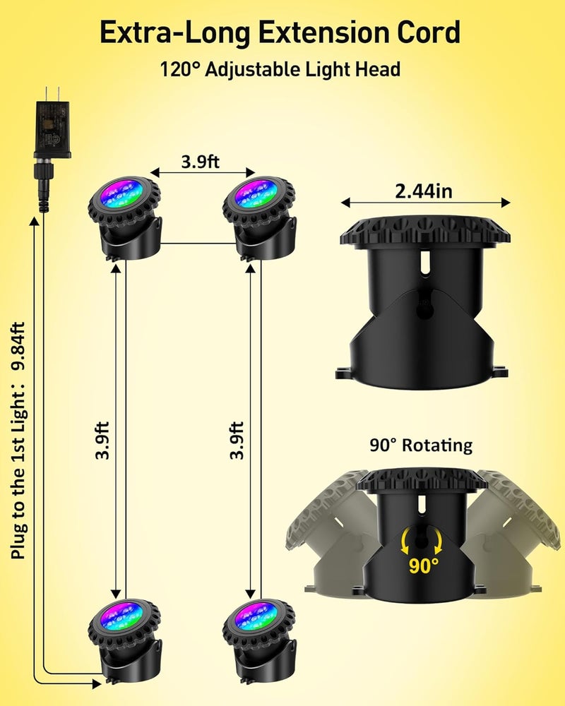T-SUN Colored Pond Lights, Bright LED Underwater Pond Light Submersible Fountain Lights APP and Remote Control,Dimmable,Timer, IP68 Waterproof Fish Tank Light for Aquarium Fountain Garden (4-Head) - Image 2